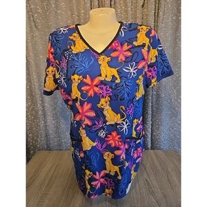 Disney Scrub Top Women's Med Lion King Simba Print Blue Pockets V Neck Exc!